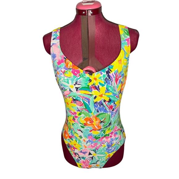 one piece swimsuit floral high cut green yellow orange bright - Picture 1 of 10